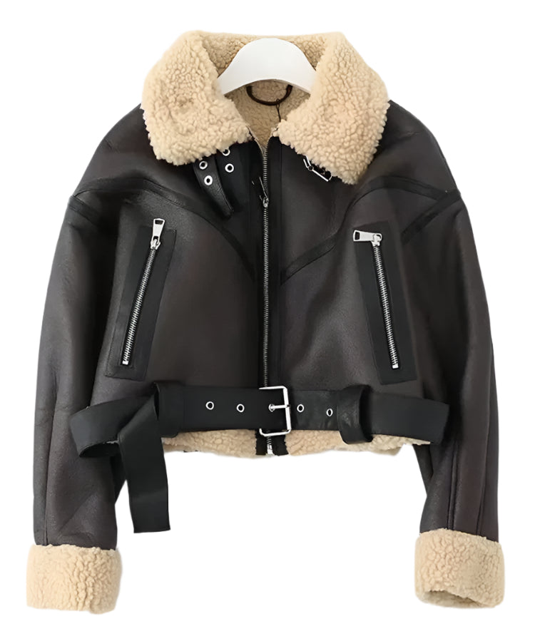 Shearling Lined PU Leather Jacket - Women's Faux Fur Moto Coat