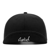 Short brim baseball cap showing adjustable strap closure, back view