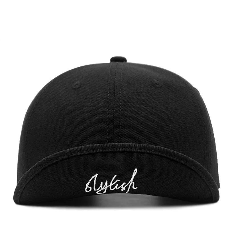 Short brim baseball cap showing adjustable strap closure, back view