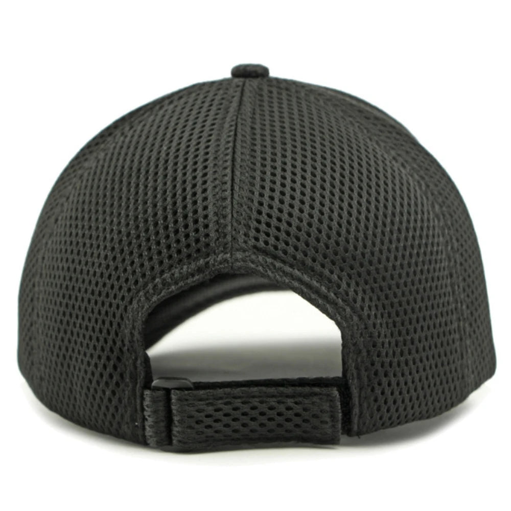 Short brim mesh snapback baseball cap, three-quarter angle view