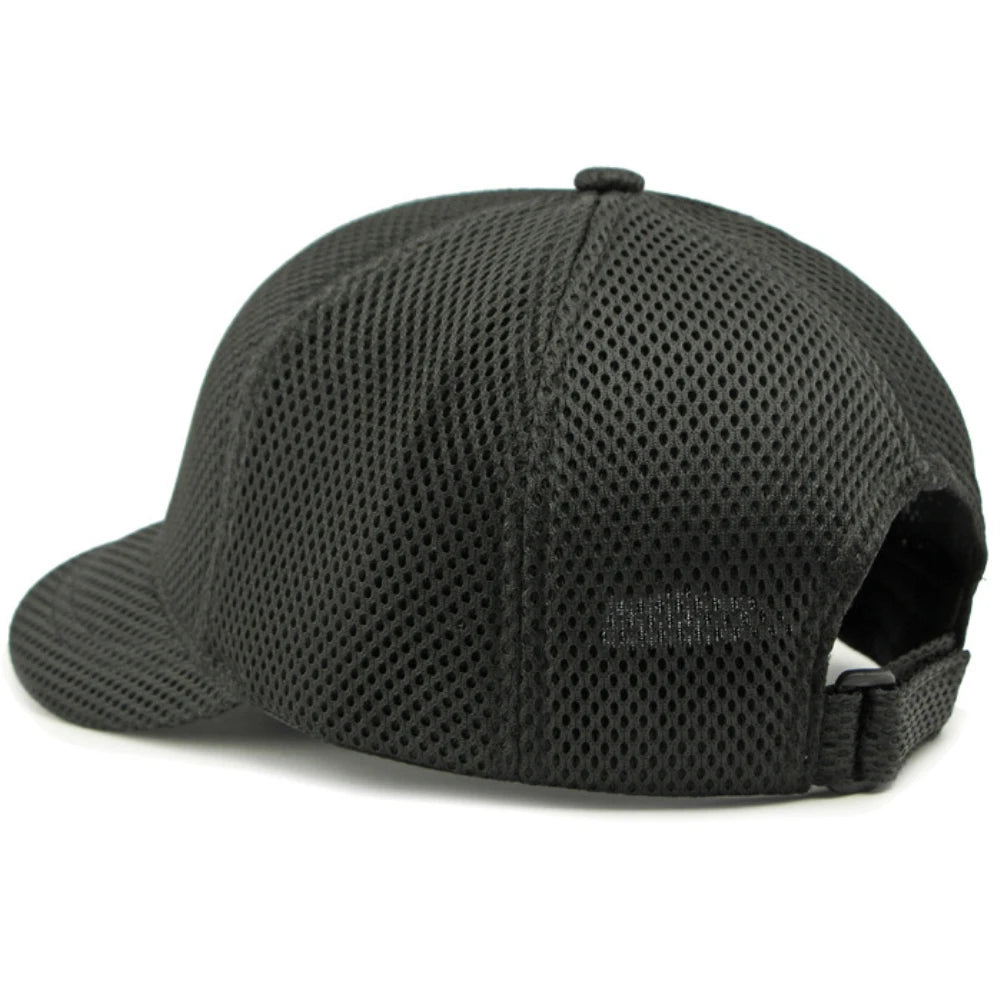 Short brim mesh snapback cap, back view showing adjustable snapback closure