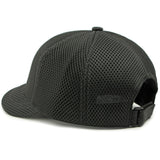 Short brim mesh snapback cap, back view showing adjustable snapback closure