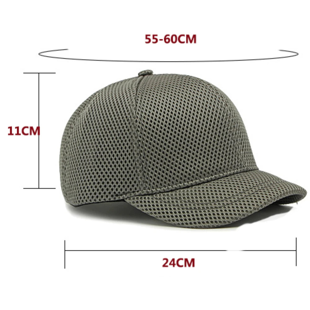 Short brim mesh snapback cap, side profile view