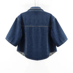Women's short sleeve cropped denim jacket, back view