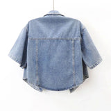 Women's short sleeve cropped denim jacket, side view