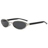 Sunglasses with oval lenses and black arms on a white background