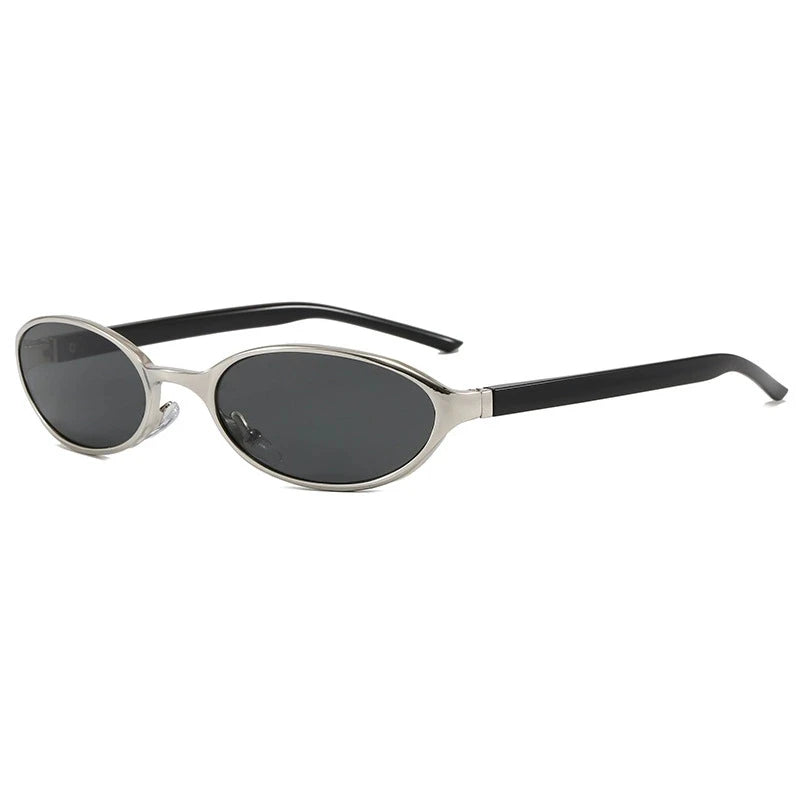 Sunglasses with oval lenses and black arms on a white background