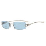 Silver Light Blue Frameless rimless sunglasses worn on model, lifestyle shot