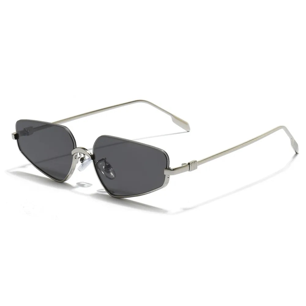 Sunglasses with silver frame and dark lenses on a white background