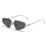 Sunglasses with silver frame and dark lenses on a white background