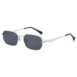 Sunglasses with black lenses and silver frame on a white background