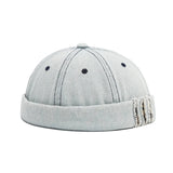 Sky Blue Distressed denim docker cap, lifestyle view