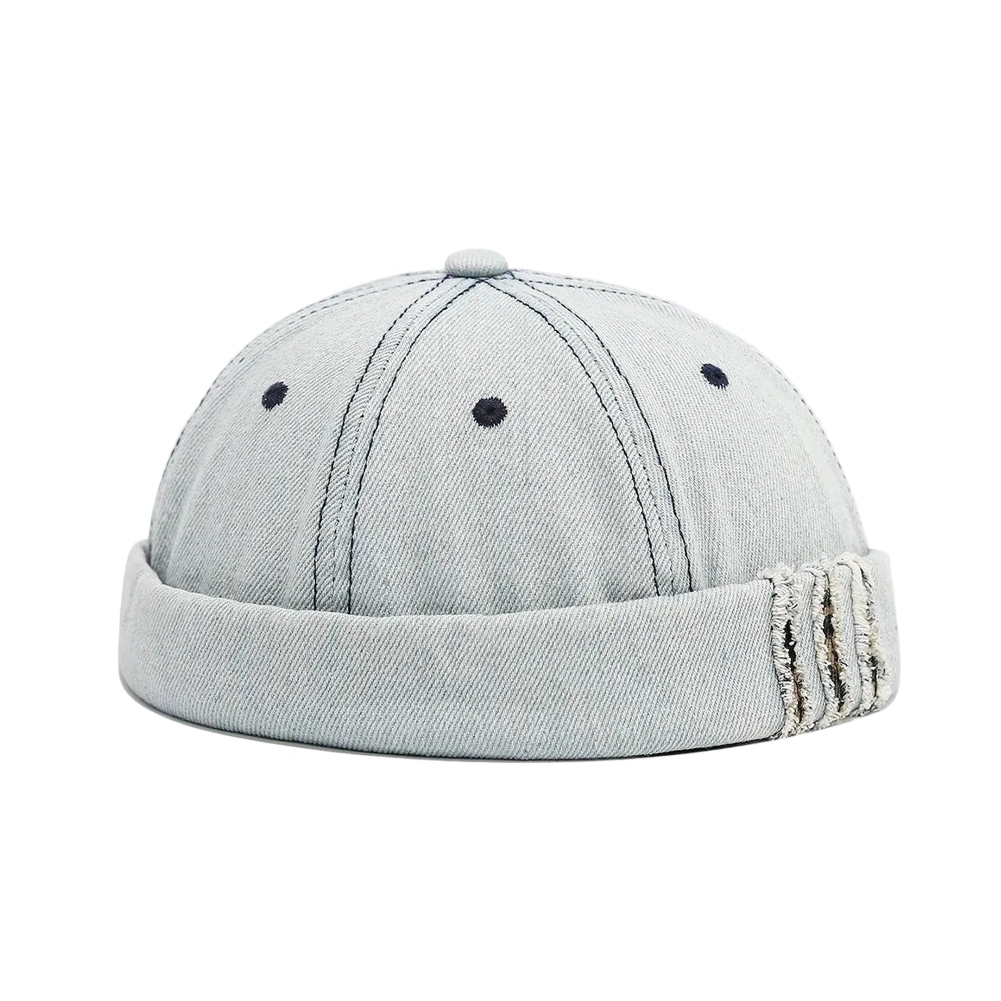 Sky Blue Distressed denim docker cap, lifestyle view