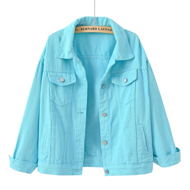 Sky Blue Size chart for women's oversized denim jacket — sizes S through 4XL with measurements
