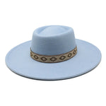Sky blue wide-brim felt fedora hat, interior view showing construction
