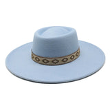 Sky blue wide-brim felt fedora hat, interior view showing construction