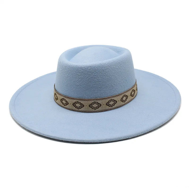 Sky blue wide-brim felt fedora hat, interior view showing construction