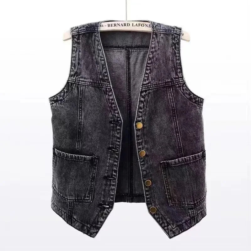 Women's sleeveless denim vest jacket — back view