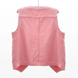 Women's sleeveless denim vest jacket — side view