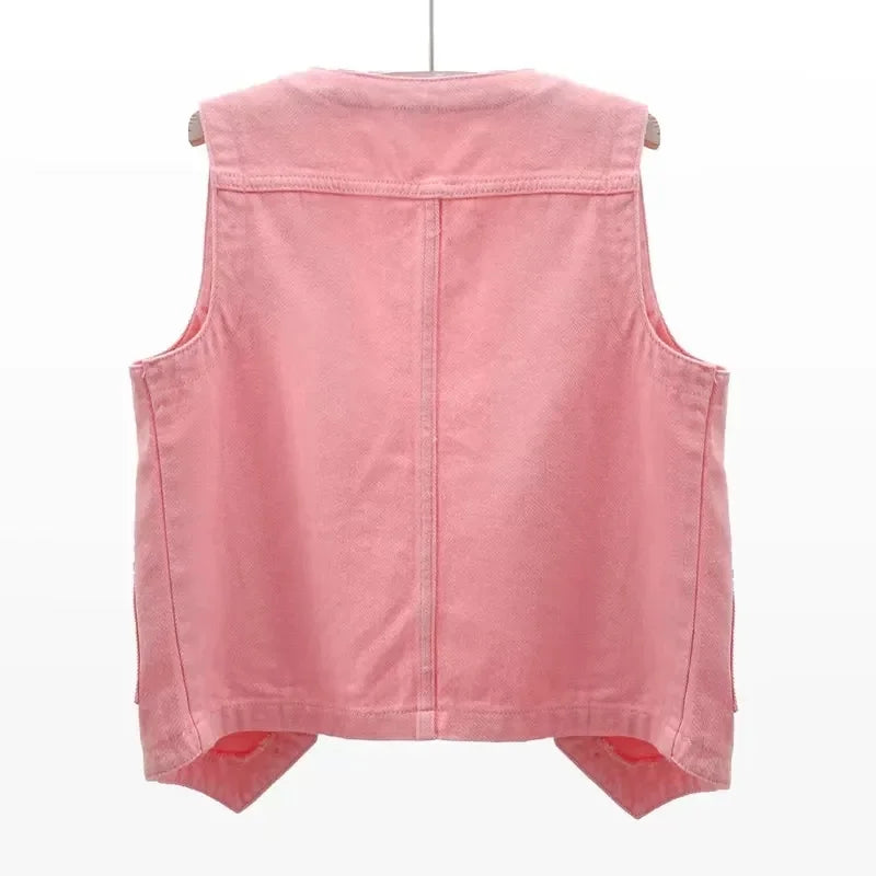 Women's sleeveless denim vest jacket — side view