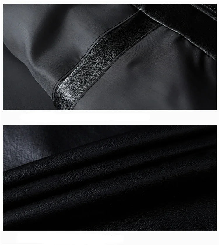 Close-up of black leather texture with a focus on stitching detail.