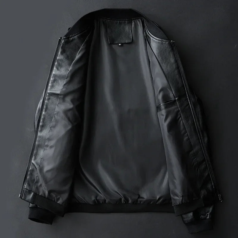 Black leather jacket on a dark gray background