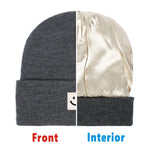 Gray beanie with front and interior views on a white background