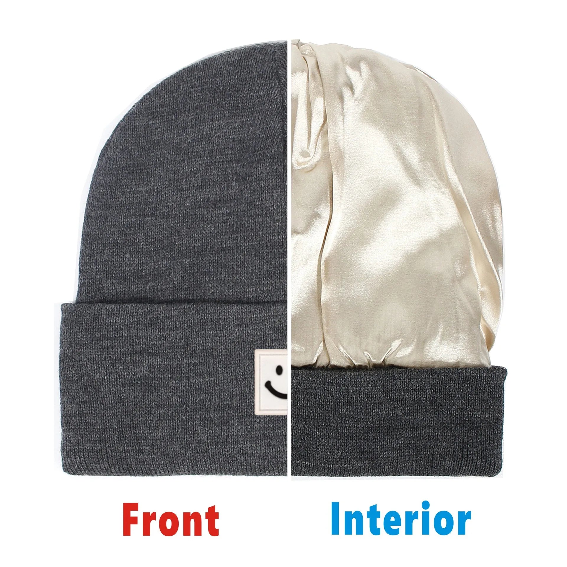 Gray beanie with front and interior views on a white background
