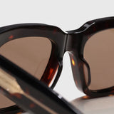 Square acetate sunglasses, close-up detail of frame and lens