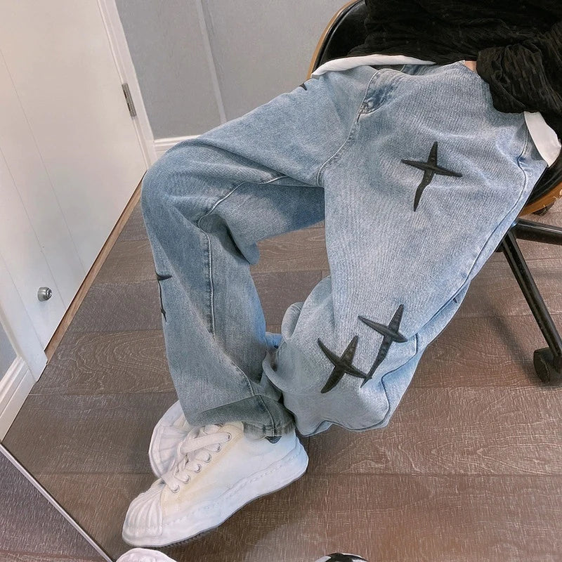 Star graphic baggy wide-leg jeans, front view