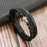 Stone Cross Beaded leather layered bracelet, profile view
