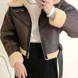 Shearling Lined PU Leather Jacket - Women's Faux Fur Moto Coat
