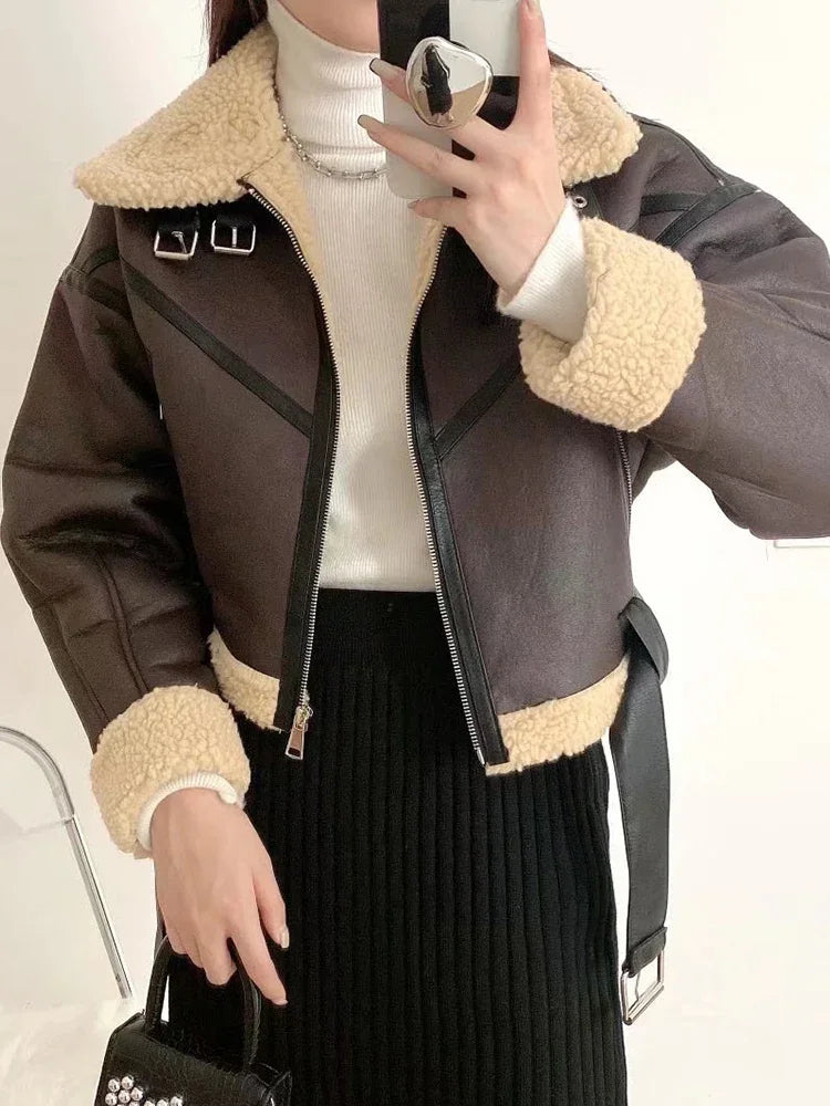 Shearling Lined PU Leather Jacket - Women's Faux Fur Moto Coat