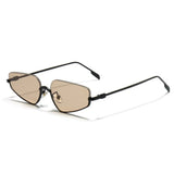 Sunglasses with thin black frames and gold-tinted lenses on a white background