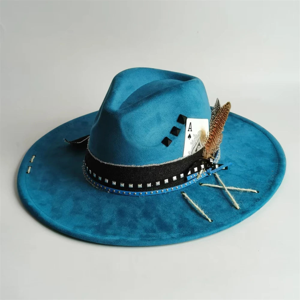 Turqoise Stripe Distressed wide-brim cowboy hat in alternate colorway, angled view