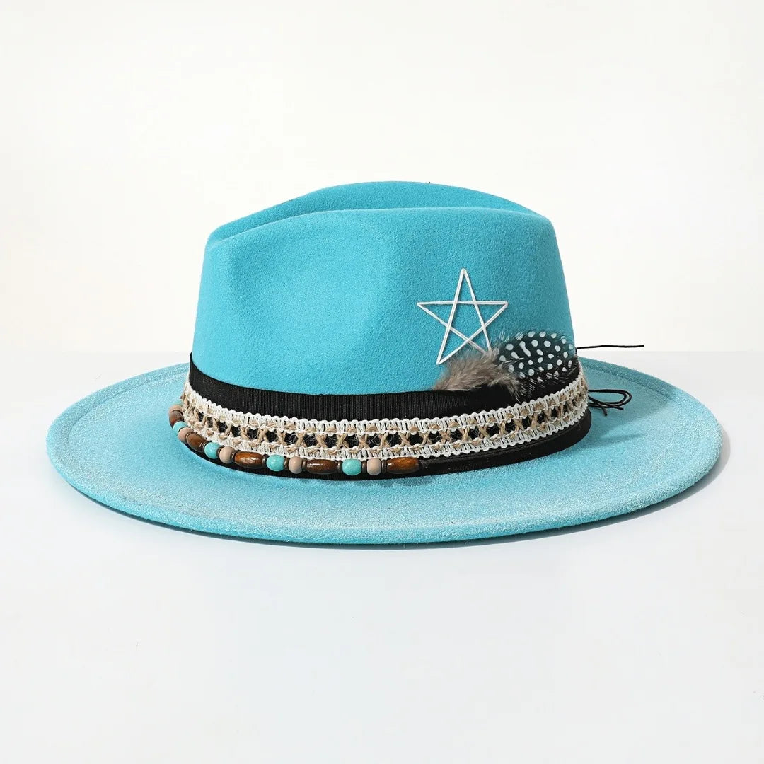 Turquoise Interior sweatband detail of distressed wide-brim cowboy hat