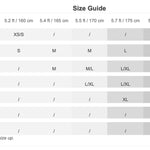 Size guide chart for clothing with weight and height ranges.