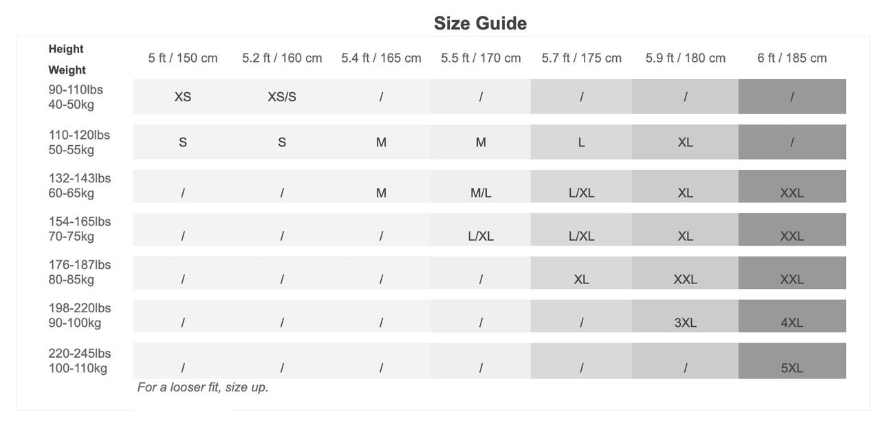Size guide chart for clothing with weight and height ranges.