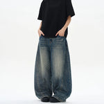 Vintage Blue Baggy wide-leg denim jeans, waist and fly detail