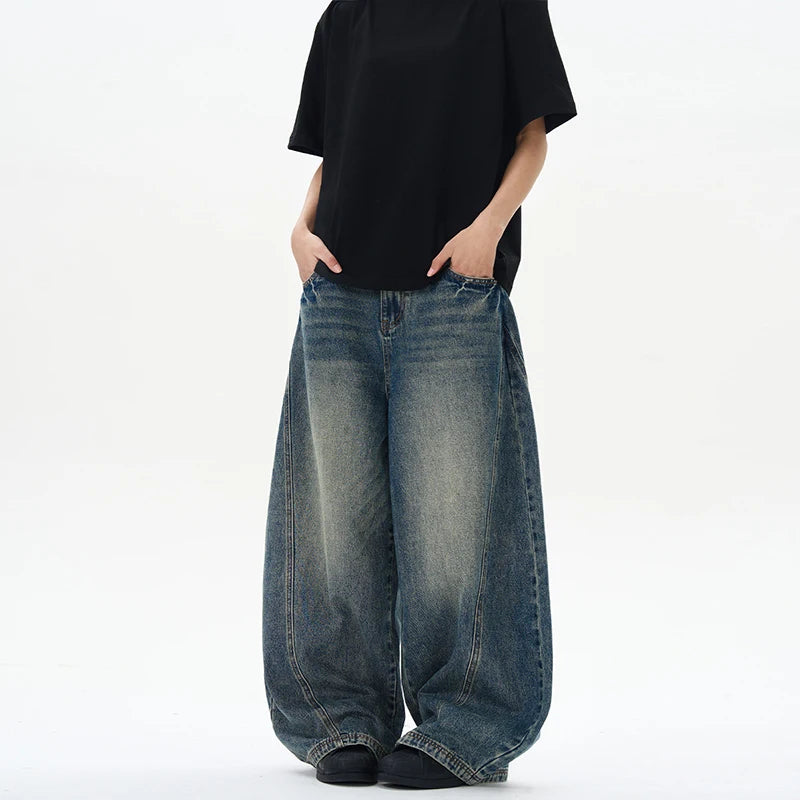 Vintage Blue Baggy wide-leg denim jeans, waist and fly detail