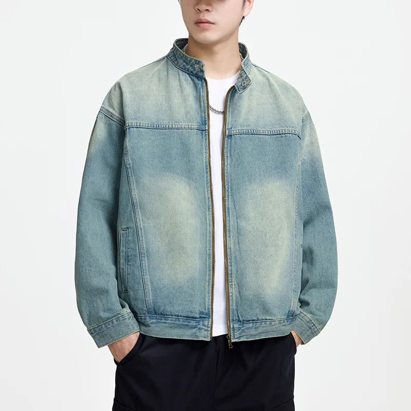 Washed denim zip jacket worn, front view