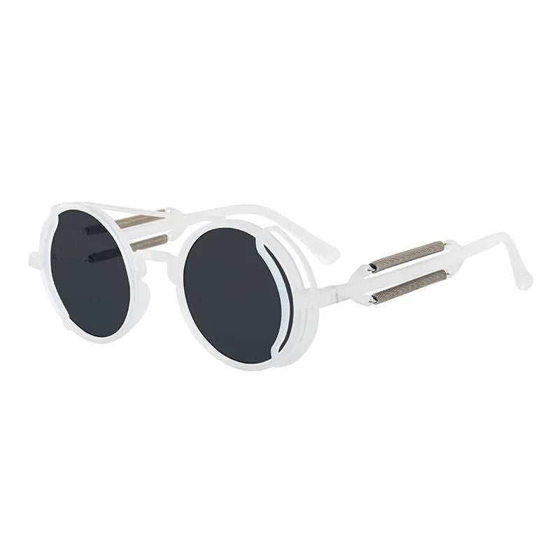 Sunglasses with white frame and black lenses on a white background