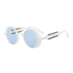 Sunglasses with white frame and blue lenses on a white background
