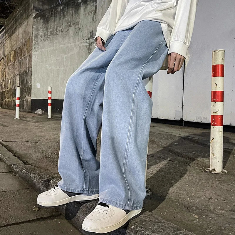 White Blue Men's wide-leg loose jeans, street style