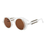 Sunglasses with white frame and brown lenses on a white background