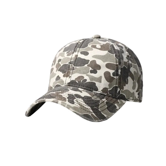 Camouflage-patterned baseball cap on a white background