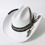White Feather Distressed wide-brim cowboy hat with snakeskin print band and beaded tie detail