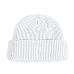 White knit beanie on a white background