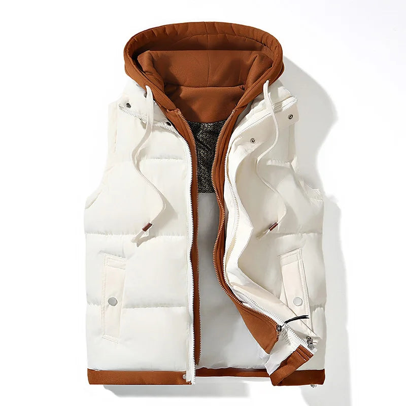 White Hooded puffer vest — front view
