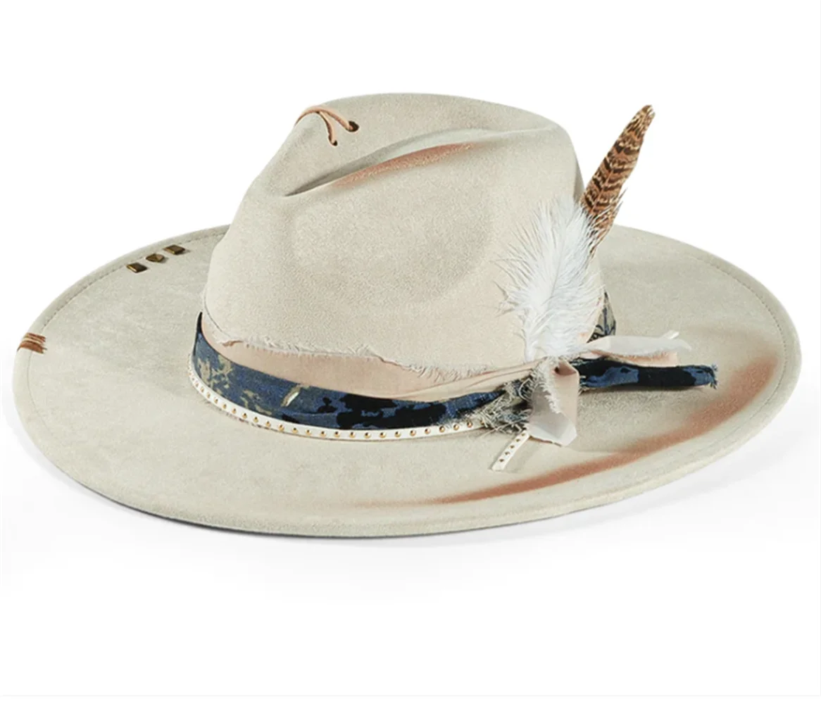 White Like Distressed wide-brim cowboy hat worn, back view